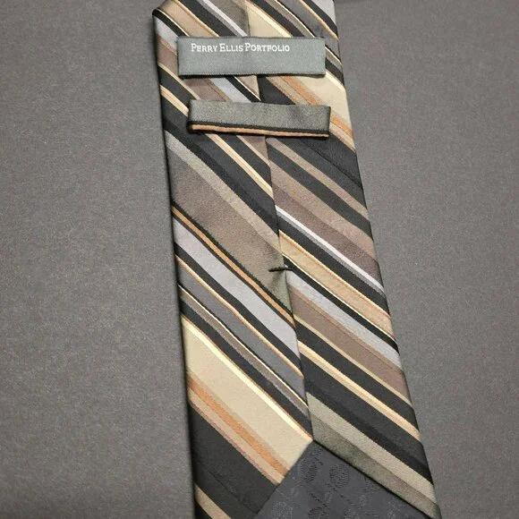 Perry Ellis Portfolio Mens Striped Classic Silk Tie Black Beige Brown 58" - Picture 5 of 6